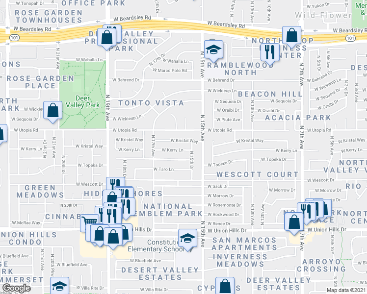 map of restaurants, bars, coffee shops, grocery stores, and more near 1548 West Topeka Drive in Phoenix