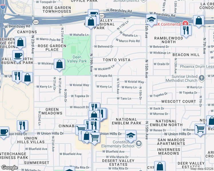 map of restaurants, bars, coffee shops, grocery stores, and more near 1812 West Topeka Drive in Phoenix