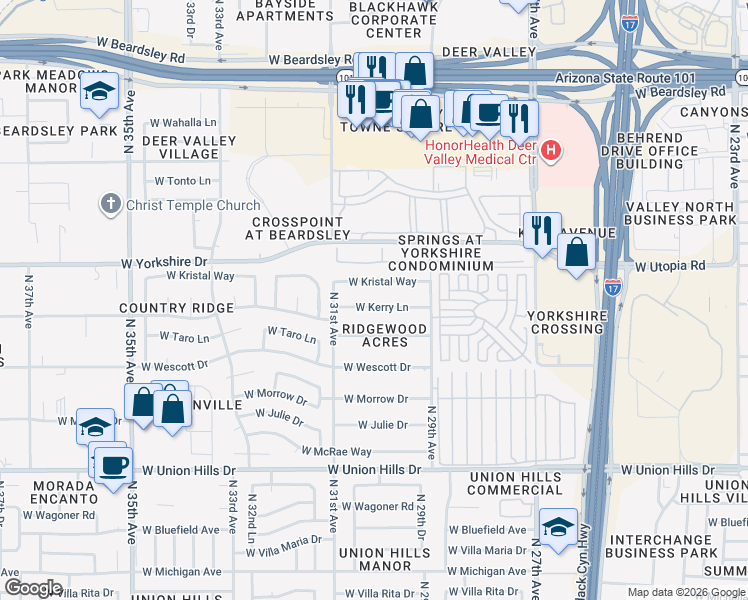map of restaurants, bars, coffee shops, grocery stores, and more near 2943 West Kerry Lane in Phoenix