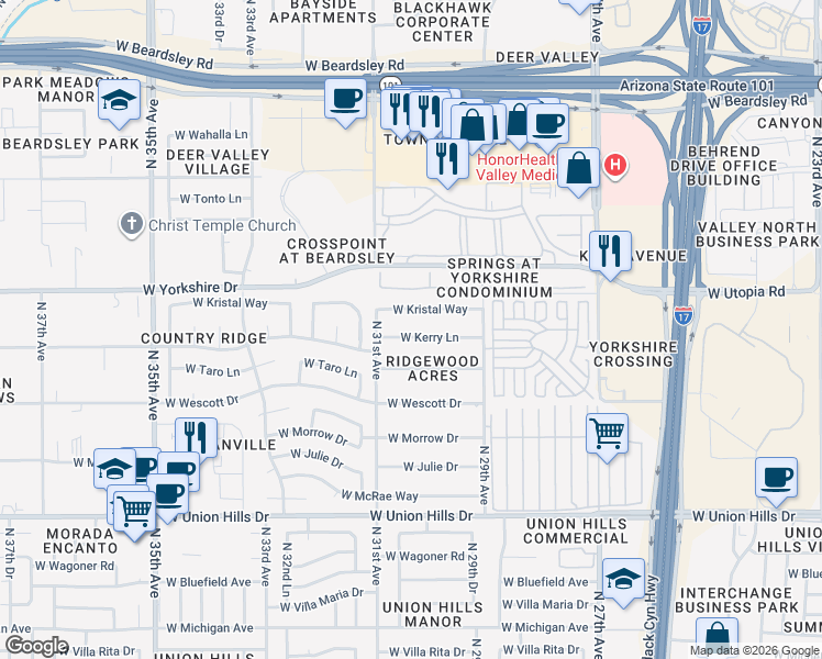 map of restaurants, bars, coffee shops, grocery stores, and more near 3025 West Kerry Lane in Phoenix