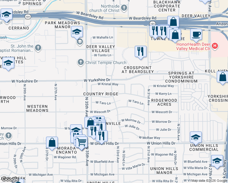 map of restaurants, bars, coffee shops, grocery stores, and more near 3301 West Topeka Drive in Phoenix