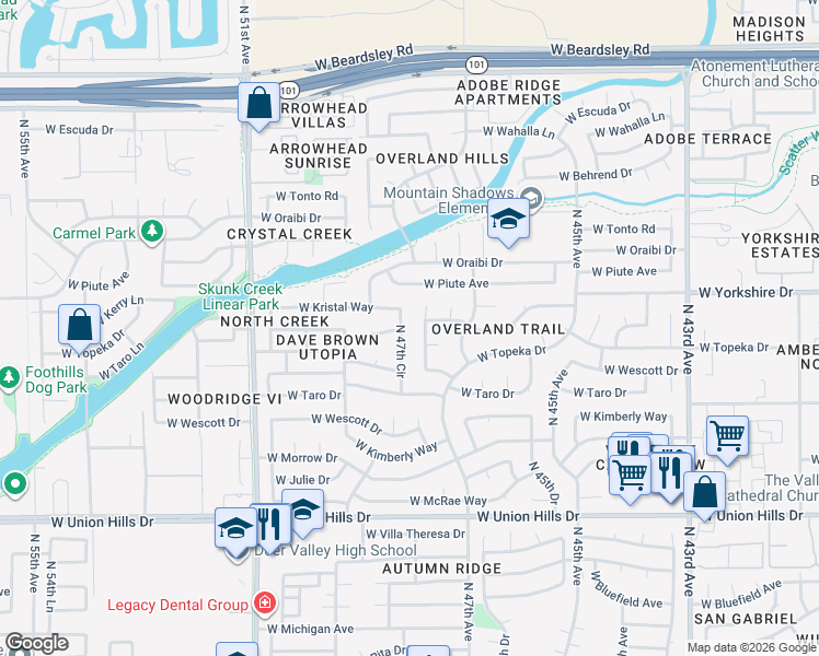 map of restaurants, bars, coffee shops, grocery stores, and more near 19056 North 47th Lane in Glendale