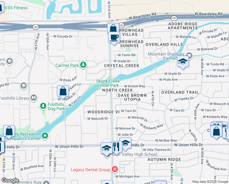 map of restaurants, bars, coffee shops, grocery stores, and more near 19202 North 50th Lane in Glendale