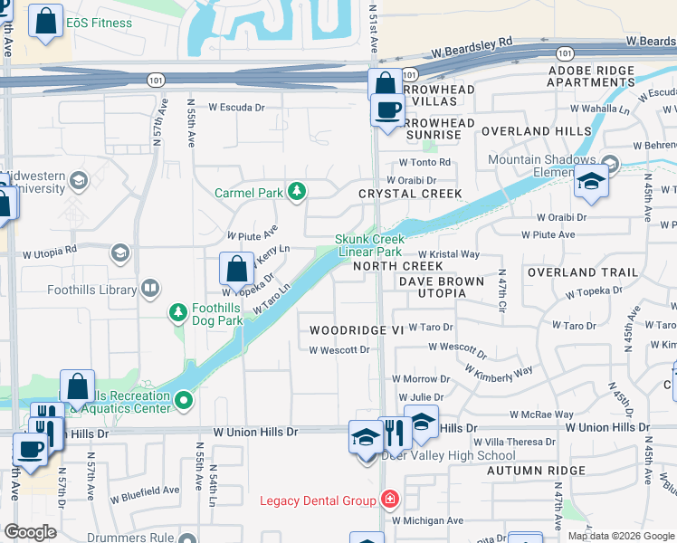 map of restaurants, bars, coffee shops, grocery stores, and more near 19238 North 52nd Avenue in Glendale