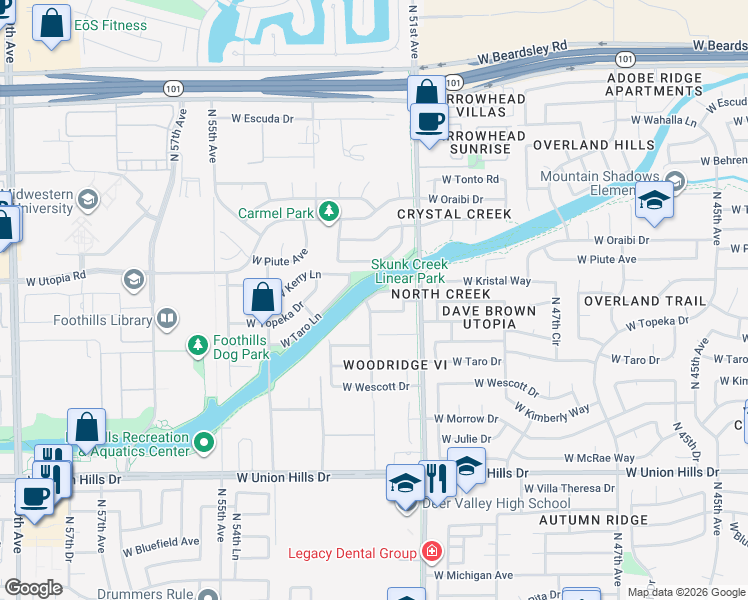 map of restaurants, bars, coffee shops, grocery stores, and more near 19238 North 52nd Avenue in Glendale