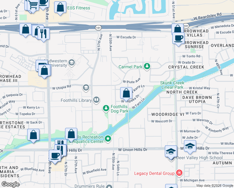 map of restaurants, bars, coffee shops, grocery stores, and more near 19210 North 54th Lane in Glendale