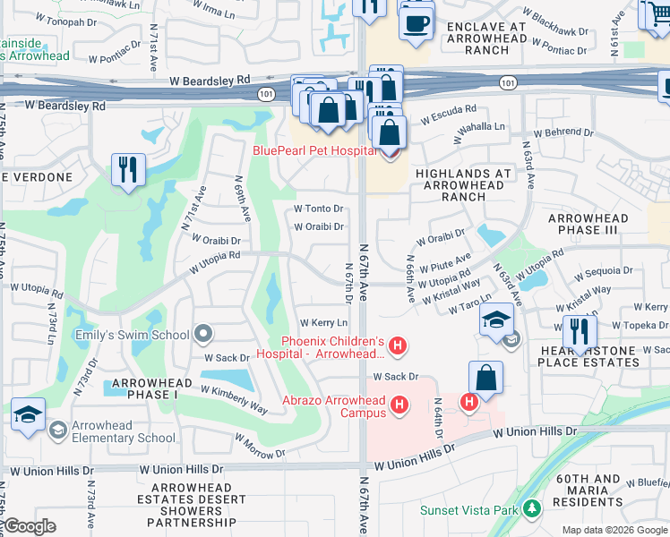map of restaurants, bars, coffee shops, grocery stores, and more near 6719 West Utopia Road in Glendale