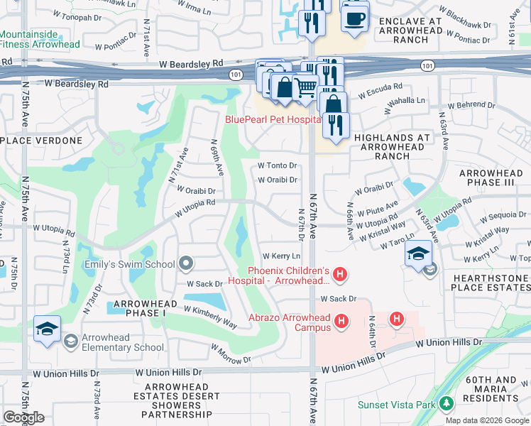 map of restaurants, bars, coffee shops, grocery stores, and more near 19321 North 68th Avenue in Glendale