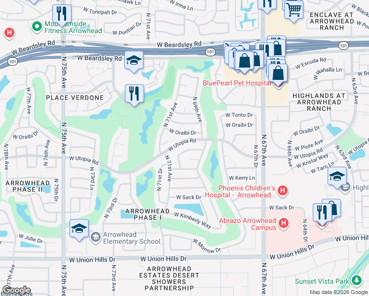 map of restaurants, bars, coffee shops, grocery stores, and more near 19222 North 70th Avenue in Glendale