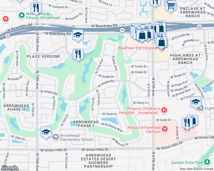 map of restaurants, bars, coffee shops, grocery stores, and more near 19222 North 70th Avenue in Glendale