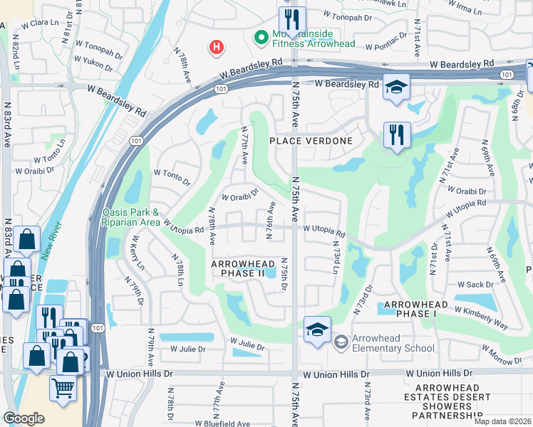 map of restaurants, bars, coffee shops, grocery stores, and more near 19319 North 76th Drive in Glendale