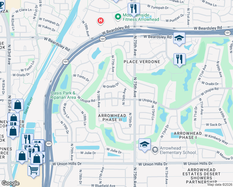 map of restaurants, bars, coffee shops, grocery stores, and more near 19319 North 76th Drive in Glendale