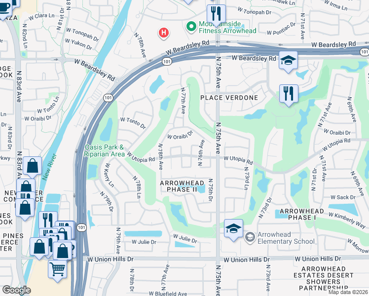 map of restaurants, bars, coffee shops, grocery stores, and more near 19323 North 77th Drive in Glendale