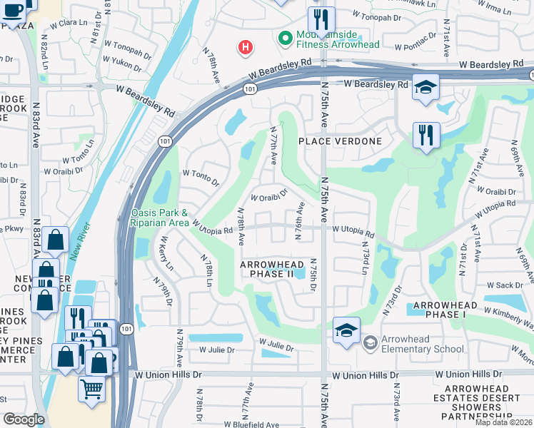 map of restaurants, bars, coffee shops, grocery stores, and more near 19323 North 77th Drive in Glendale