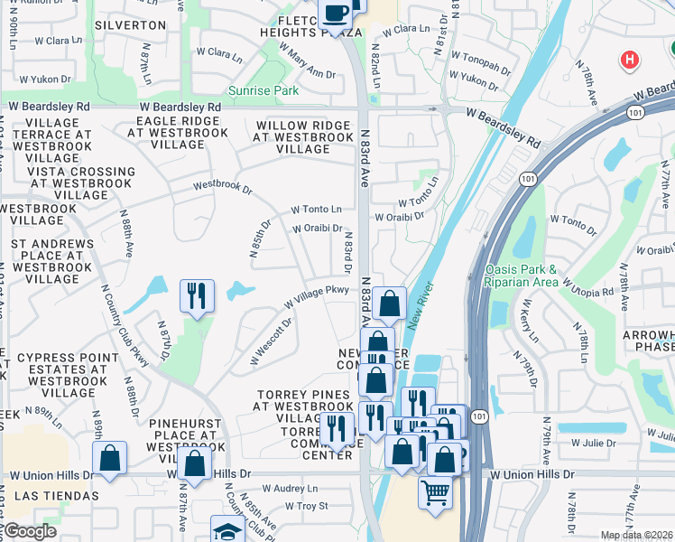 map of restaurants, bars, coffee shops, grocery stores, and more near 8357 West Utopia Road in Peoria