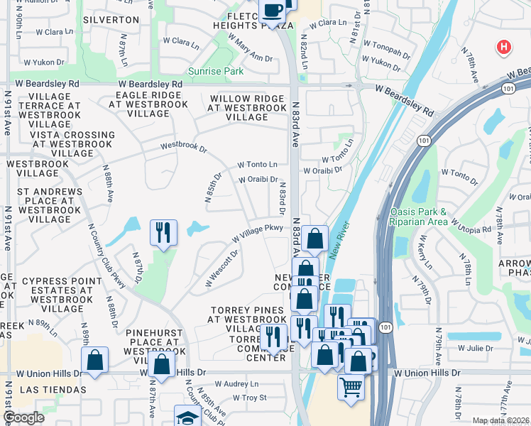 map of restaurants, bars, coffee shops, grocery stores, and more near 8357 West Utopia Road in Peoria
