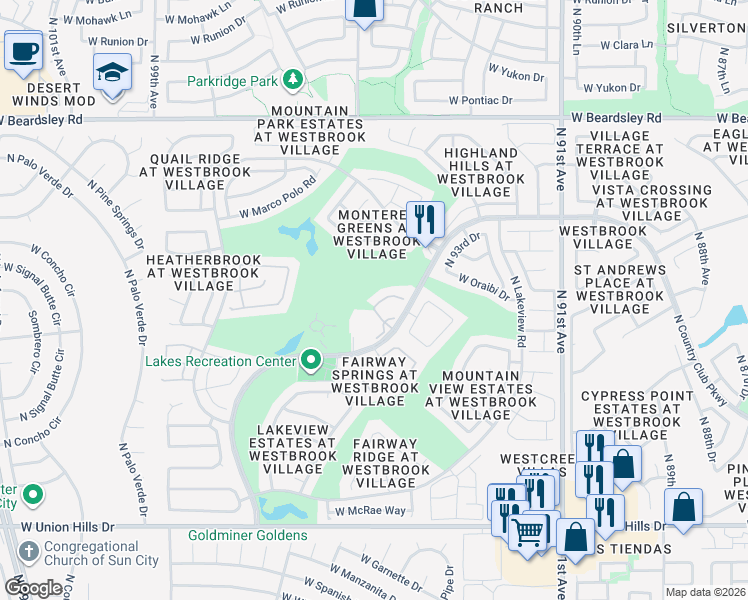 map of restaurants, bars, coffee shops, grocery stores, and more near 19400 North Westbrook Parkway in Peoria