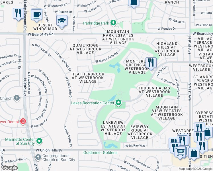 map of restaurants, bars, coffee shops, grocery stores, and more near 9627 West Rimrock Drive in Peoria