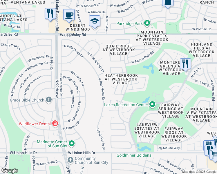 map of restaurants, bars, coffee shops, grocery stores, and more near 9844 West Utopia Road in Peoria