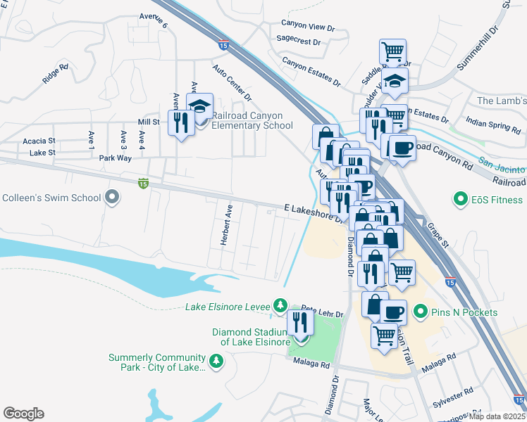 map of restaurants, bars, coffee shops, grocery stores, and more near Unnamed Road in Lake Elsinore