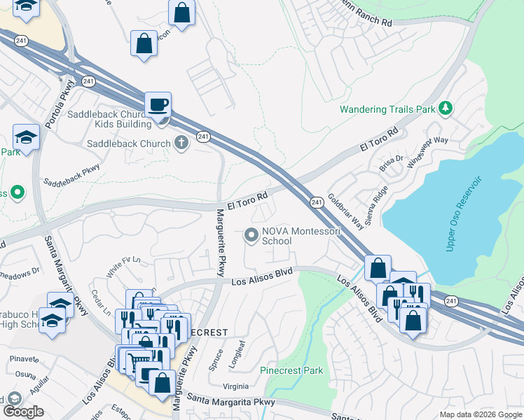 map of restaurants, bars, coffee shops, grocery stores, and more near 283 California Court in Mission Viejo