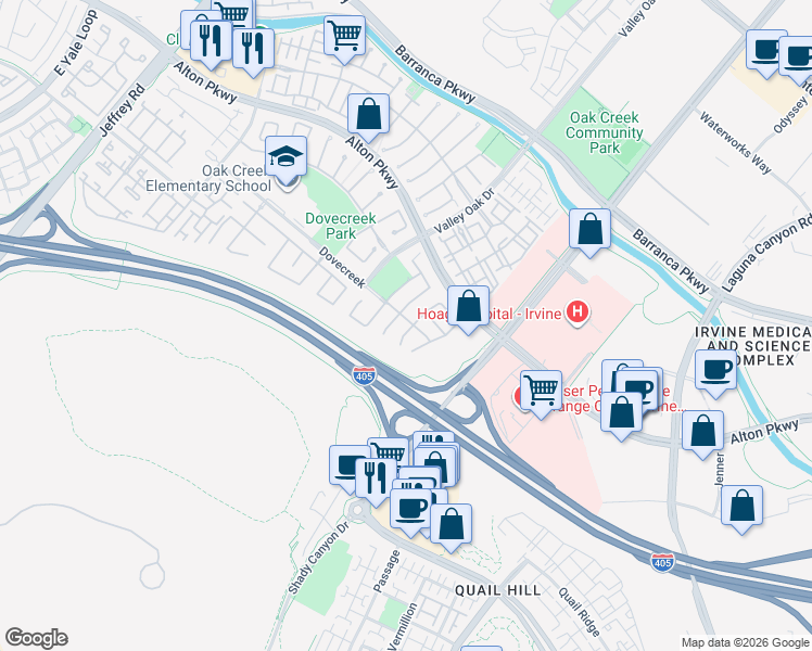 map of restaurants, bars, coffee shops, grocery stores, and more near 98 Millbrook in Irvine
