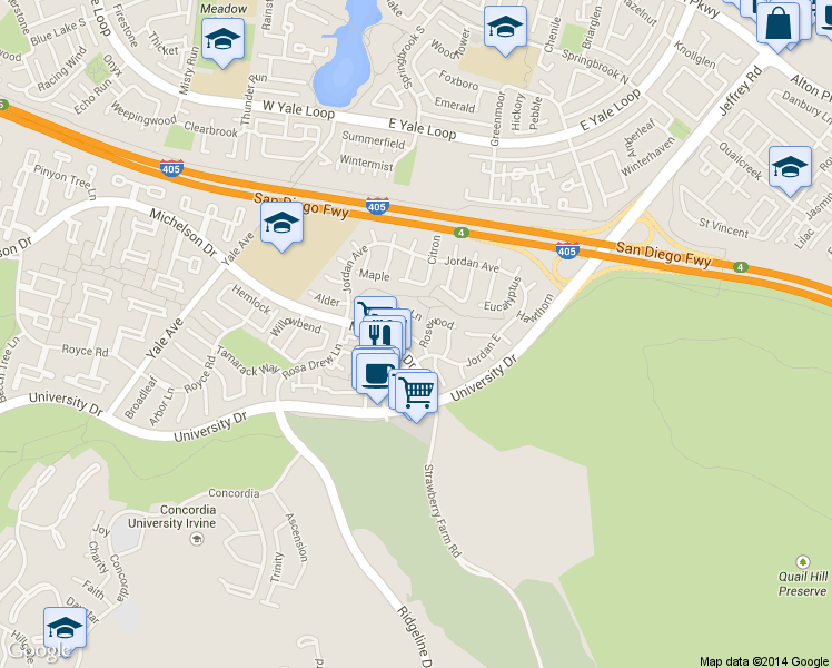 map of restaurants, bars, coffee shops, grocery stores, and more near 5331 University Drive in Irvine