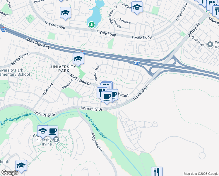 map of restaurants, bars, coffee shops, grocery stores, and more near 5331 University Drive in Irvine