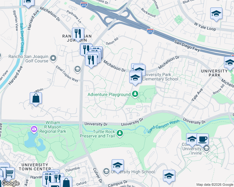 map of restaurants, bars, coffee shops, grocery stores, and more near 24 Meadowsweet Way in Irvine