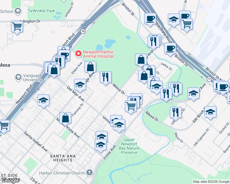 map of restaurants, bars, coffee shops, grocery stores, and more near 2680 Santa Ana Avenue in Costa Mesa