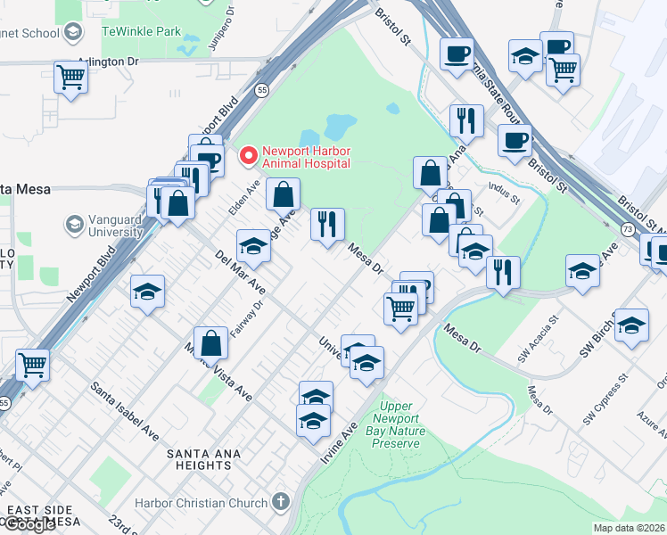 map of restaurants, bars, coffee shops, grocery stores, and more near 285 Santo Tomas Avenue in Costa Mesa