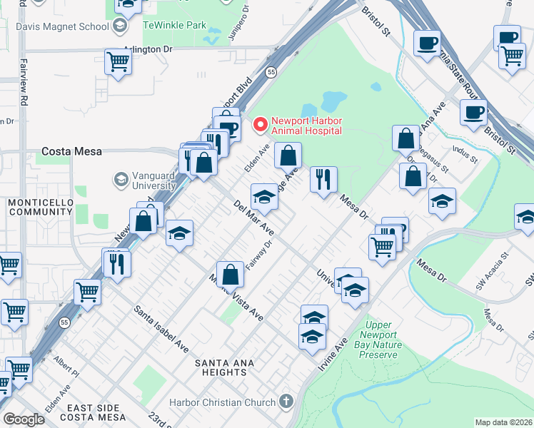 map of restaurants, bars, coffee shops, grocery stores, and more near 228 Del Mar Avenue in Costa Mesa