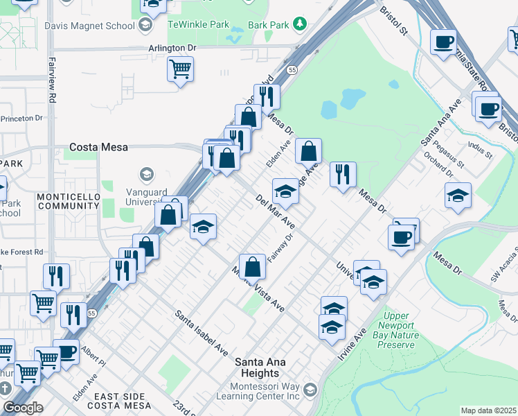 map of restaurants, bars, coffee shops, grocery stores, and more near 2567 Orange Avenue in Costa Mesa