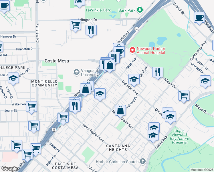 map of restaurants, bars, coffee shops, grocery stores, and more near 2540 Elden Avenue in Costa Mesa