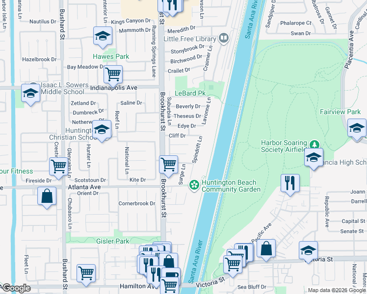 map of restaurants, bars, coffee shops, grocery stores, and more near 10062 Signet Circle in Huntington Beach
