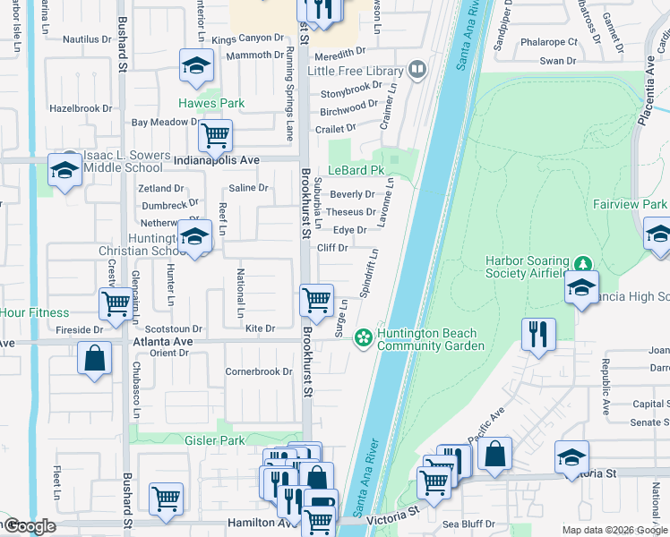map of restaurants, bars, coffee shops, grocery stores, and more near 10062 Signet Circle in Huntington Beach