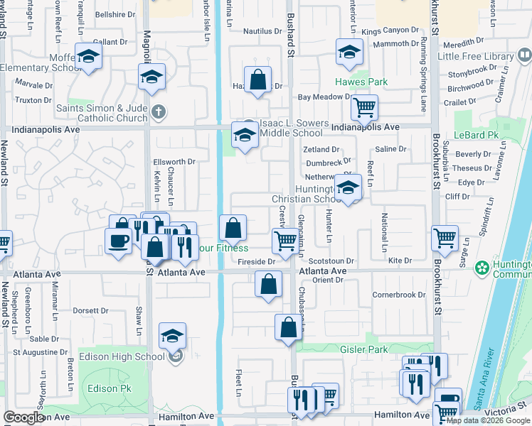 map of restaurants, bars, coffee shops, grocery stores, and more near 9351 Comstock Drive in Huntington Beach