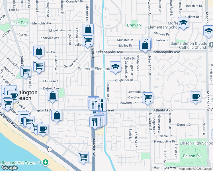 map of restaurants, bars, coffee shops, grocery stores, and more near 20928 Monarch Lane in Huntington Beach