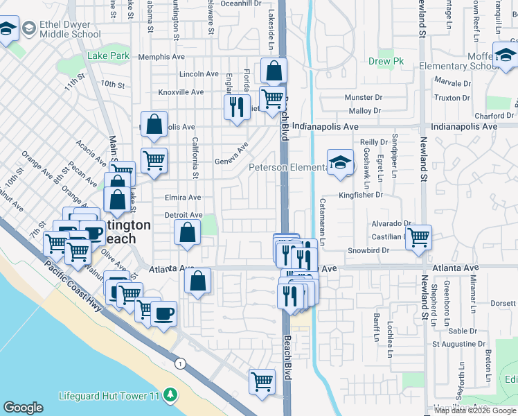 map of restaurants, bars, coffee shops, grocery stores, and more near Coral Ln in Huntington Beach