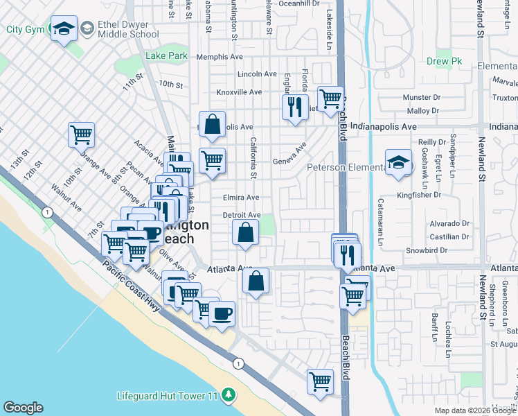 map of restaurants, bars, coffee shops, grocery stores, and more near 407 Delaware Street in Huntington Beach