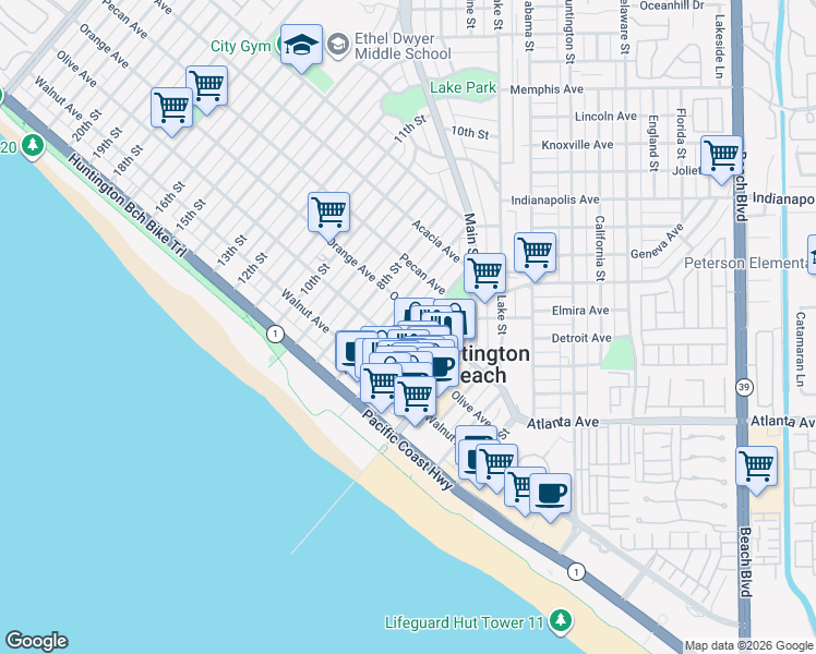 map of restaurants, bars, coffee shops, grocery stores, and more near 225 6th Street in Huntington Beach