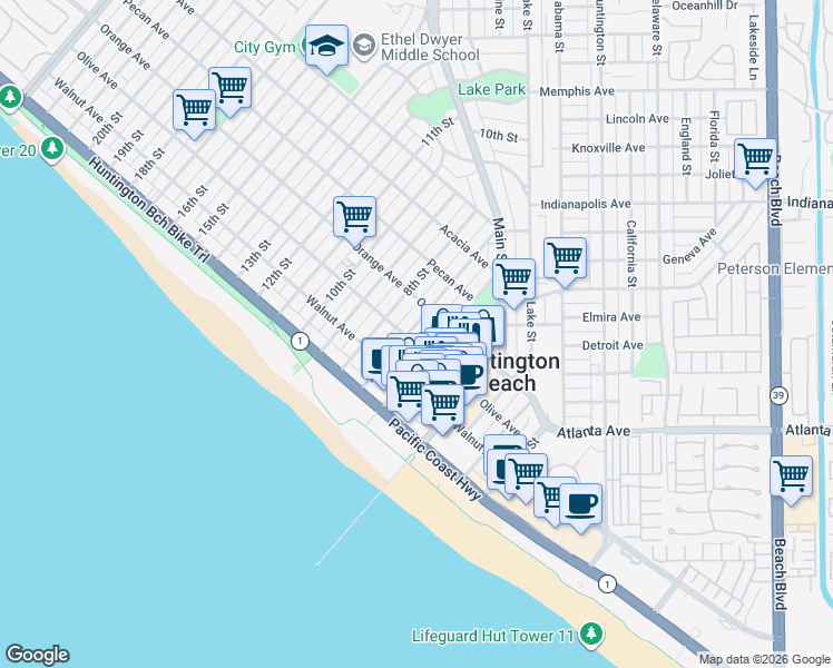 map of restaurants, bars, coffee shops, grocery stores, and more near 225 6th Street in Huntington Beach