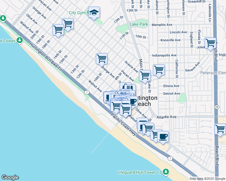 map of restaurants, bars, coffee shops, grocery stores, and more near 201 7th Street in Huntington Beach