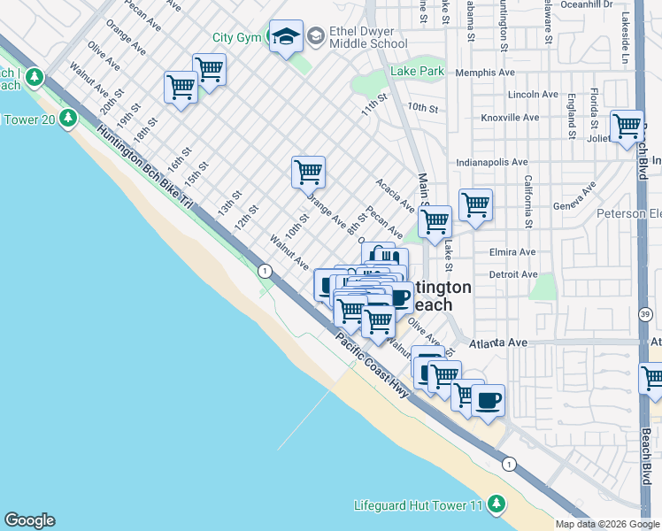 map of restaurants, bars, coffee shops, grocery stores, and more near 201 7th Street in Huntington Beach