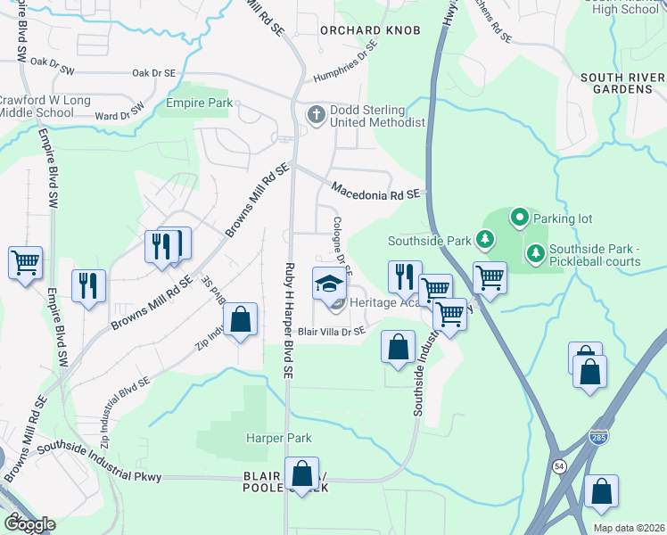 map of restaurants, bars, coffee shops, grocery stores, and more near 3411 Villa Circle Southeast in Atlanta