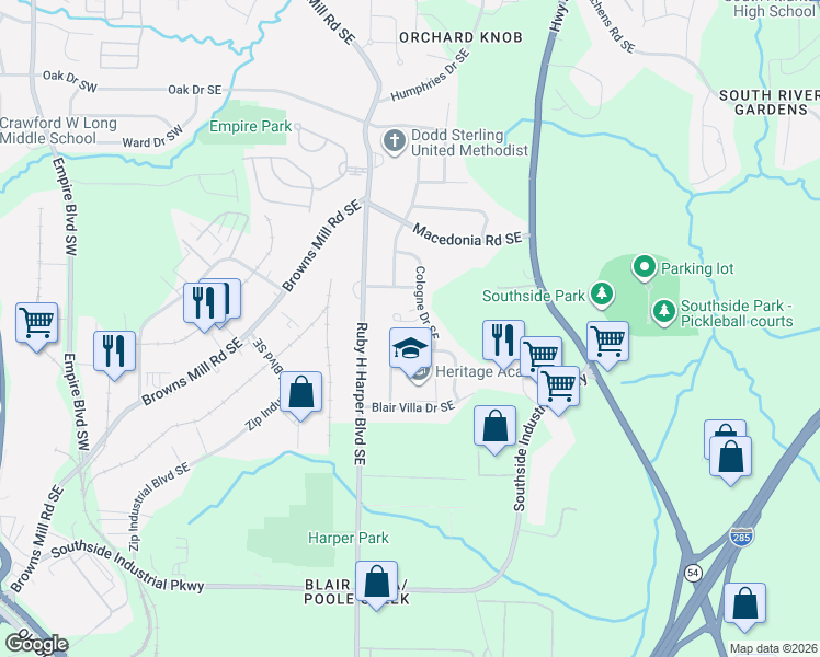 map of restaurants, bars, coffee shops, grocery stores, and more near 3411 Villa Circle Southeast in Atlanta