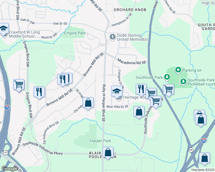 map of restaurants, bars, coffee shops, grocery stores, and more near 3449 Villa Circle Southeast in Atlanta