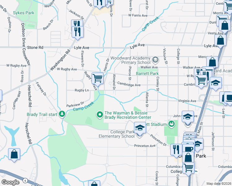map of restaurants, bars, coffee shops, grocery stores, and more near 3472 Harris Drive in College Park