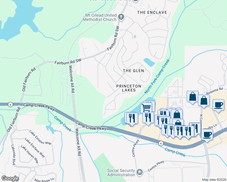 map of restaurants, bars, coffee shops, grocery stores, and more near 3881 Princeton Lakes Way in Atlanta