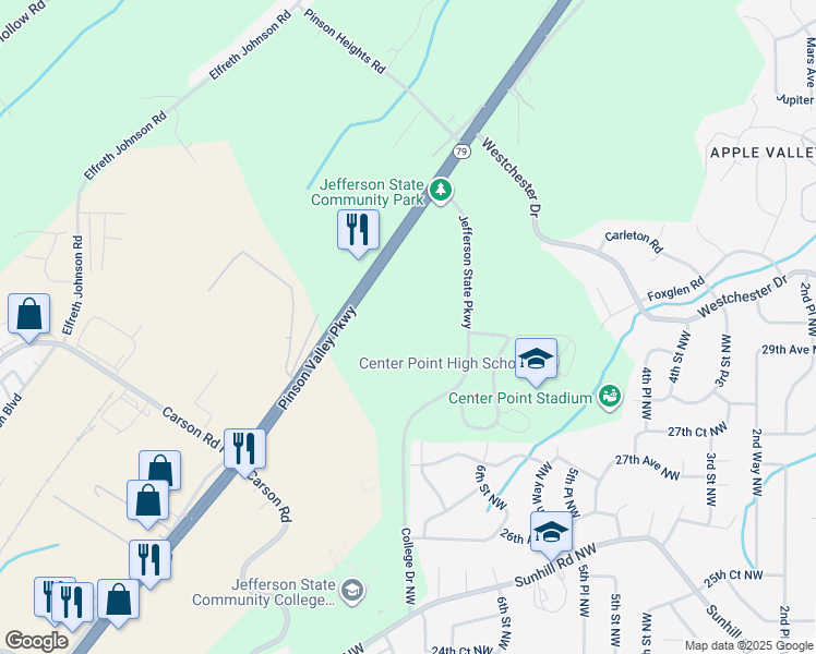 map of restaurants, bars, coffee shops, grocery stores, and more near 2955 Jefferson State Parkway in Birmingham